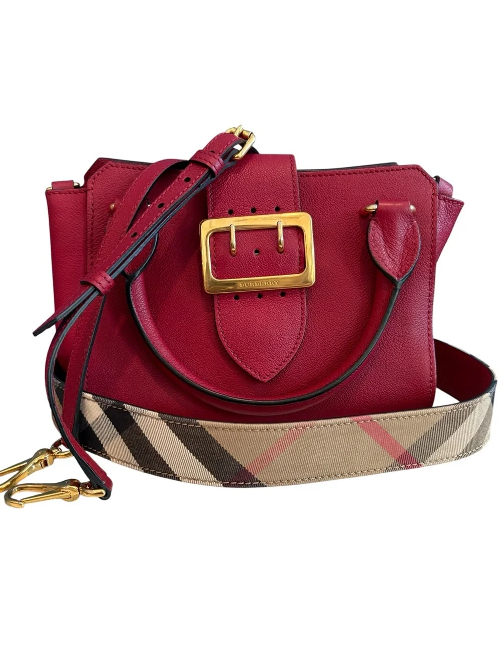 Burberry Red Leather Satchel with Gold Buckle and Check Strap